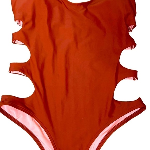AERIE Rust Orange One Piece Swimsuit With Cut Out Sides - Picture 5 of 8
